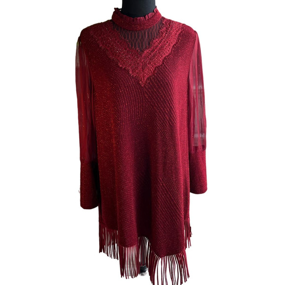 Deep Red Shimmer High Collar Sheer Sleeve Fringe Hem Dress Size M - Picture 1 of 12